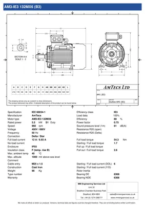 Amtecs 5.5kW (7.5HP) Three Phase Motor, 6-Pole (1000 rpm) 132 Frame B3 - Foot IE3 Datasheet