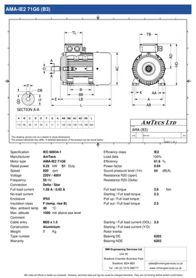 Amtecs 0.25kW (0.35HP) Three Phase Motor, 6-Pole (1000 rpm) 71 Frame B3 - Foot IE2 Datasheet