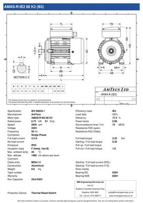 Amtecs 0.75kW (1HP) Single Phase Motor, 2-Pole (3000 rpm) 80 Frame B3 - Foot IE2 Datasheet