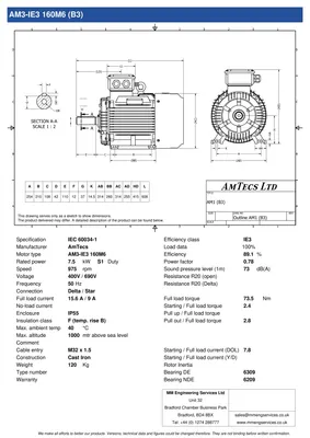 Amtecs 7.5kW (10HP) Three Phase Motor, 6-Pole (1000 rpm) 160 Frame B3 - Foot IE3 Datasheet