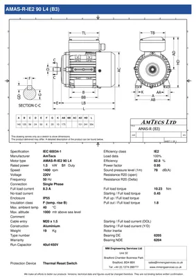 Amtecs 1.5kW (2HP) Single Phase Motor, 4-Pole (1500 rpm) 90 Frame B3 - Foot IE2 Datasheet