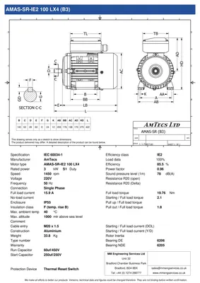 Amtecs 3kW (4HP) Single Phase Motor, 4-Pole (1500 rpm) 100 Frame B3 - Foot IE2 Datasheet