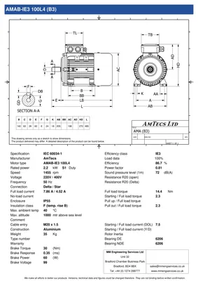Amtecs 2.2kW (3HP) Three Phase Motor, 4-Pole (1500 rpm) 100 Frame B3 - Foot IE3 Datasheet