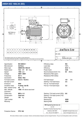 Amtecs 18.5kW (25HP) Three Phase Motor, 4-Pole (1500 rpm) 160 Frame B3 - Foot IE3 Datasheet