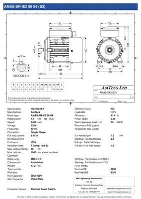 Amtecs 1.1kW (1.5HP) Single Phase Motor, 4-Pole (1500 rpm) 90 Frame B3 - Foot IE2 Datasheet