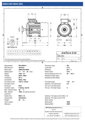 Amtecs 1.1kW (1.5HP) Three Phase Motor, 4-Pole (1500 rpm) 90 Frame B3 - Foot IE3 Datasheet