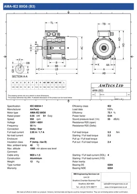 Amtecs 0.55kW (0.75HP) Three Phase Motor, 6-Pole (1000 rpm) 80 Frame B3 - Foot IE2 Datasheet