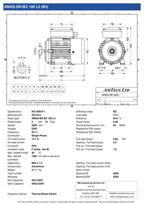 Amtecs 3kW (4HP) Single Phase Motor, 2-Pole (3000 rpm) 100 Frame B3 - Foot IE2 Datasheet