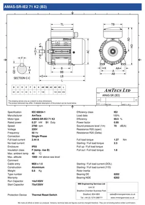 Amtecs 0.37kW (0.5HP) Single Phase Motor, 2-Pole (3000 rpm) 71 Frame B3 - Foot IE2 Datasheet