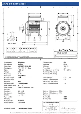 Amtecs 0.75kW (1HP) Single Phase Motor, 4-Pole (1500 rpm) 80 Frame B3 - Foot IE2 Datasheet