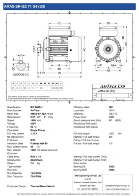 Amtecs 0.37kW (0.5HP) Single Phase Motor, 4-Pole (1500 rpm) 71 Frame B3 - Foot IE2 Datasheet