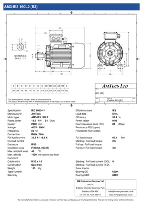 Amtecs 18.5kW (25HP) Three Phase Motor, 2-Pole (3000 rpm) 160 Frame B3 - Foot IE3 Datasheet